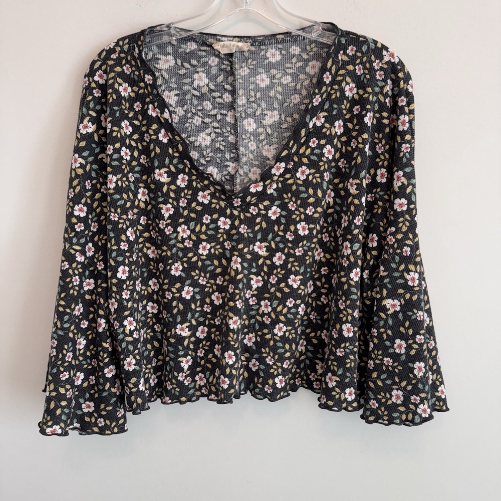Altar'd State Floral Bell Sleeve Top Small Boho Waffle Knit Women's